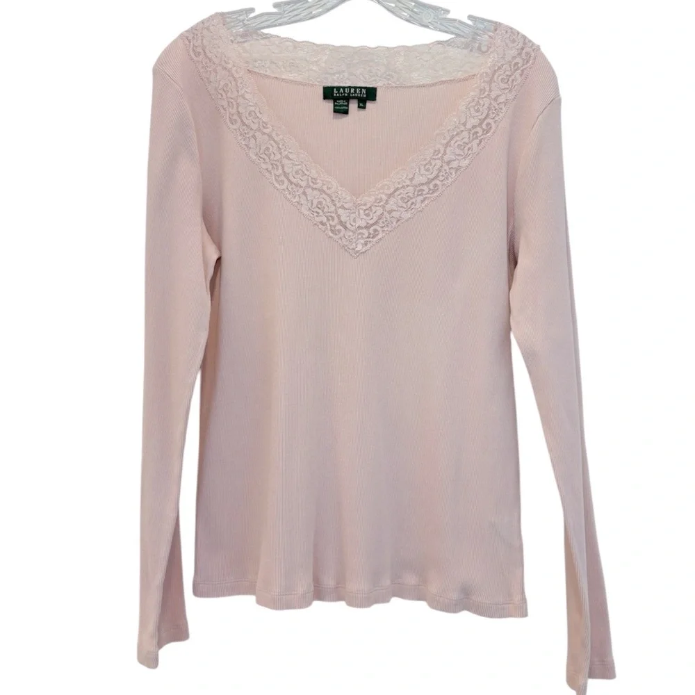 Lauren Ralph Lauren Lace Top Long Sleeve VNeck Ribbed Cottage Rose Pink Women XL